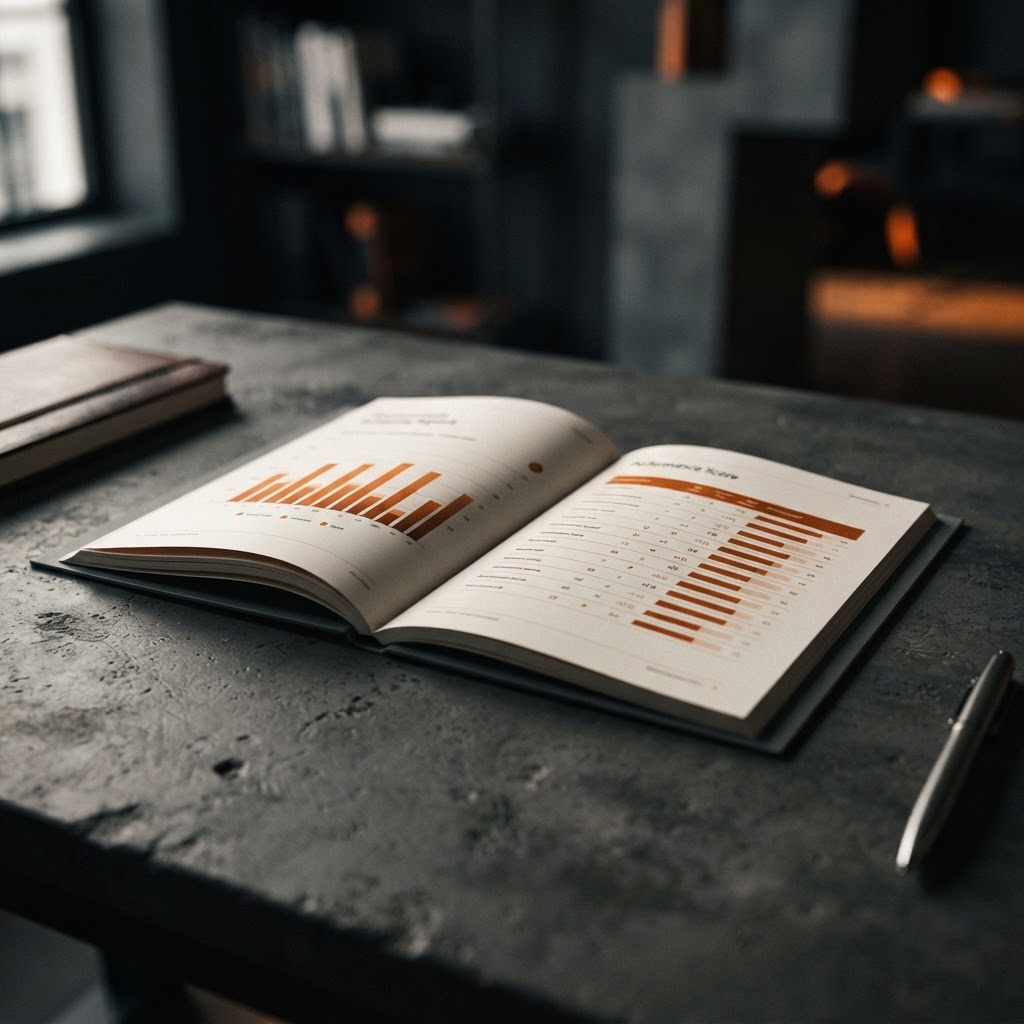An open printed industry benchmark report showing performance charts